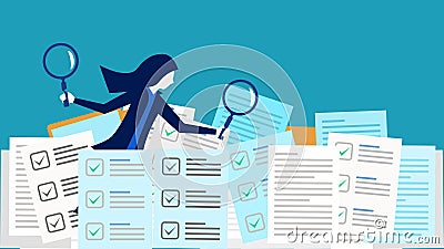 Analyze documents or financial statements. Investigate business documents with a magnifying glass Vector Illustration