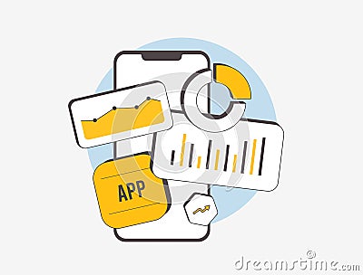 Analyze user behavior with mobile app analytics tools. Track performance, engagement, and retention to optimize app Vector Illustration
