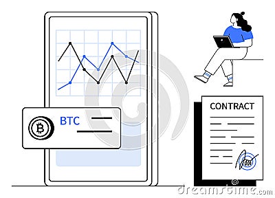 Analyzing Bitcoin Trends on Mobile, Signing Digital Contracts - Embracing Cryptocurrency in Remote Work Vector Illustration