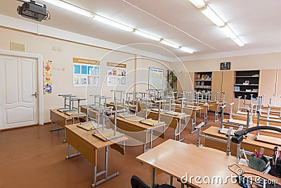 Anapa, Russia - January 26, 2019: Empty class in school, the light is on Editorial Stock Photo
