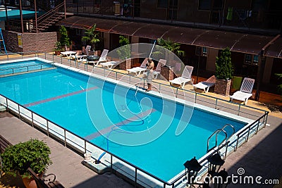 Anapa, Russia - May 1, 2020: An empty courtyard with an open pool without people. Preparation for a new tourist season Editorial Stock Photo