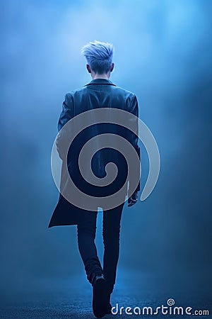 anarchist teen punk rocker with blue hair and long winter coat. anarchy and rebellion. alternative street wear. Stock Photo