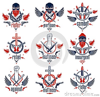 Anarchy and Chaos aggressive emblem or logo with strong clenched fist, aggressive skull, bullets and guns, weapons and different Vector Illustration