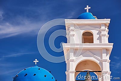 Anastasis Church with its Blue Dome and Tower in Santorini, Greece Stock Photo
