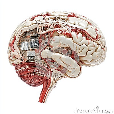 Anatomical brain model infused with embedded microchips, symbolizing neuroscience, technological integration, and cognitive adv Cartoon Illustration