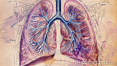 An anatomical chart of the lungs labeling the different lobes and segments and their corresponding functions in the Stock Photo