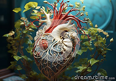 Anatomical human heart formed by leaves and tree branches. AI generated Stock Photo
