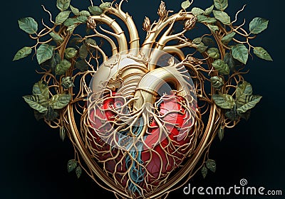 Anatomical human heart formed by leaves and tree branches. AI generated Stock Photo