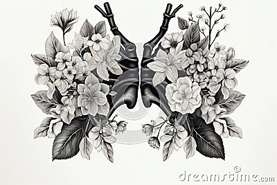 Anatomical lungs with flowers. Black and white ink illustration Cartoon Illustration