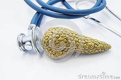 Anatomical model of pancreas with stethoscope, which test it on white background. Concept for diagnosis, treatment, prevention and Stock Photo