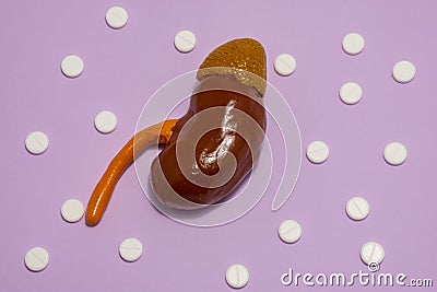 Anatomical realistic figure or model of human or animal kidney on purple background, surrounded by white tablets or pills, which a Stock Photo