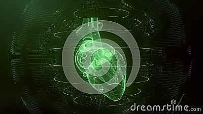 Anatomically correct green digital human heart. Futuristic particle cardiac scan Stock Photo