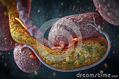 Anatomy drawing showing the pancreas, duodenum, and gallbladder created by generative AI Stock Photo