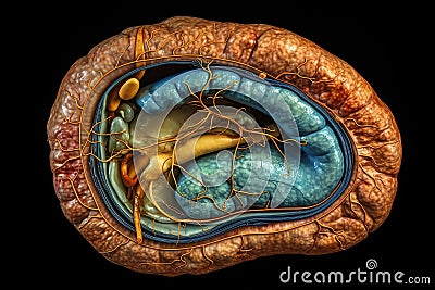 Anatomy drawing showing the pancreas, duodenum, and gallbladder created by generative AI Stock Photo