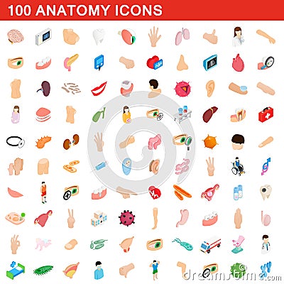 100 anatomy icons set, isometric 3d style Cartoon Illustration