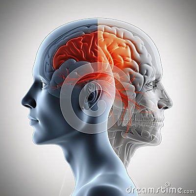 pain head medicine anatomy red x-ray blue brain headache medical. Generative AI. Stock Photo