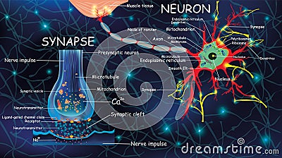 Anatomy neyron and synapse. Signaling in the brain. Cells neyron and synapse with descriptions. Structure neyron for Vector Illustration