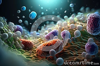 Anatomy organism, Probiotics Bacteria, Biology, Science Microscopic medicine, Digestion stomach escherichia coli Stock Photo