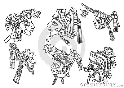 Ancent Mexican tattoo flash set. Set of Aztec labels and elements. Vector set illustration template tattoo. Cartoon Illustration