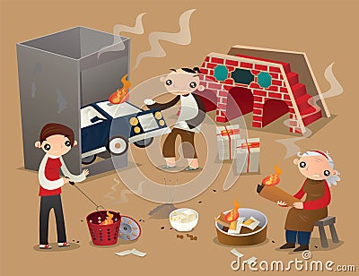 Ancestor worship by burning paper offerings on the street Vector Illustration