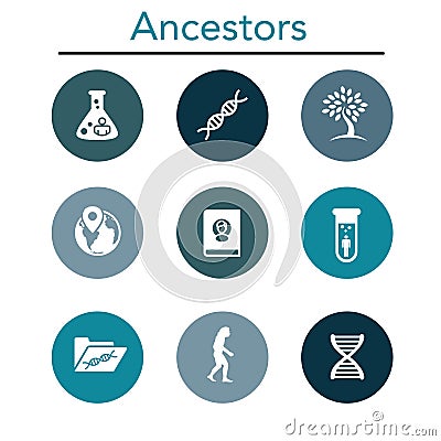 Ancestry or Genealogy Icon Set with Family Tree Album, DNA Vector Illustration