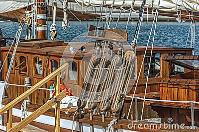 old wooden sailboat and lots of ropes Stock Photo