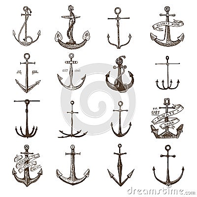 Anchor engraved vintage in old hand drawn or tattoo style, drawing for marine, aquatic or nautical theme, wood cut, blue Vector Illustration