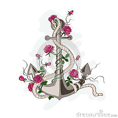Anchor Entwined With Rose Flowers Stock Vector - Image: 40899406