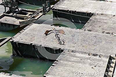 Anchor on floating boat bridge mounted by the regiment of pontoniers and Engineers of the Spanish army Stock Photo