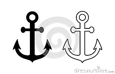 Anchor icon. Silhouette outline line anchor. Black symbol boat or ship isolated on white background. Marine logo. Simple nautical Vector Illustration