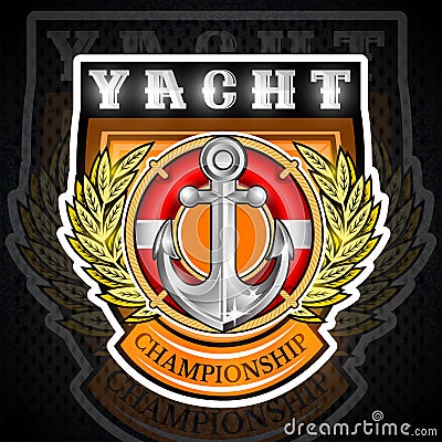 Anchor with lifebuoy in the middle of golden laurel wreath on the shield. Sport logo for any yachting or sailing team Vector Illustration