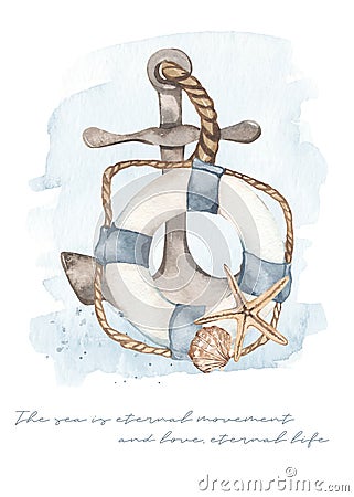 Watercolor composition with anchor, lifebuoy, starfish, nautical composition Stock Photo