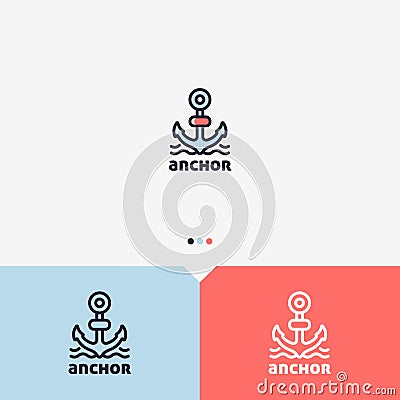 Anchor Logo Design Template. Simple and Clean Outline Style. Color and Monochromatic Version. Vector Illustration