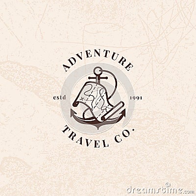 Anchor logo with treasure map in vintage style. Vector Illustration