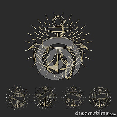 Anchor maritime sailor tattoo set or vintage nautical logo collection Vector Illustration