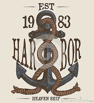 Anchor and rope with color and doodle vector print tees Vector Illustration