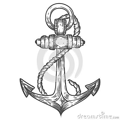 Anchor with rope engraving hand drawn sketch vector nautical illustration. Retro vintage marine equipment. Metal anchor label. Vector Illustration