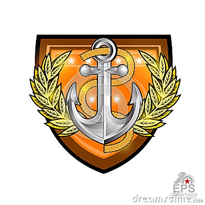 Anchor with rope with gold laurel wreath in center of shield on white. Sport logo for any yachting or sailing team or championship Vector Illustration