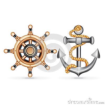 Anchor with rope and ship wheel isolated on white Vector Illustration