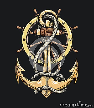 Anchor in Ropes and Ship Wheel Vector Illustration