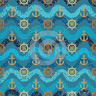 Anchor seamless pattern. Anchors texture. Symbol boat or ship on blue green background. Repeating sailing patern. Marine design fo Vector Illustration