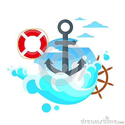 Anchor Steering Wheel Sea Blue Flat Vector Vector Illustration