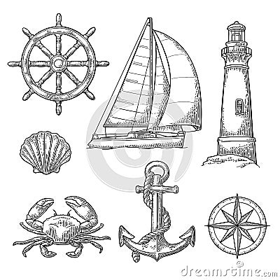 Anchor, wheel, sailing ship, compass rose, shell, crab, lighthouse engraving Vector Illustration