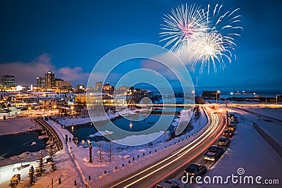 Anchorage Fur Rendezvous Fireworks Over Ship Creek Stock Photo