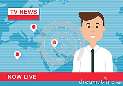 Anchorman Reading News in Live TV Broadcast Vector Illustration