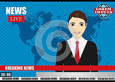 Anchorman on tv broadcast news. Breaking News vector illustration. Vector Illustration