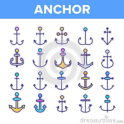 Anchors, Ship Equipment Vector Linear Icons Set Vector Illustration