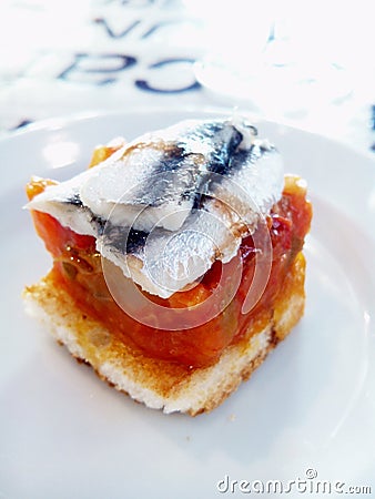 Anchovy Pincho de anchoa. Basque Country cuisine. Spanish gastronomy. Stock Photo