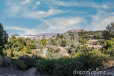 Ancient Agora of Athens archaeological site panoramic view.Stoa of Attalus left, Acropolis rock right Stock Photo