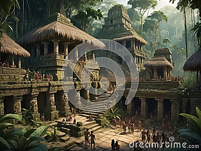 Ancient Amazon civilization with ancient buildings and groups of people. The scene features impressive stone and wood structures Stock Photo